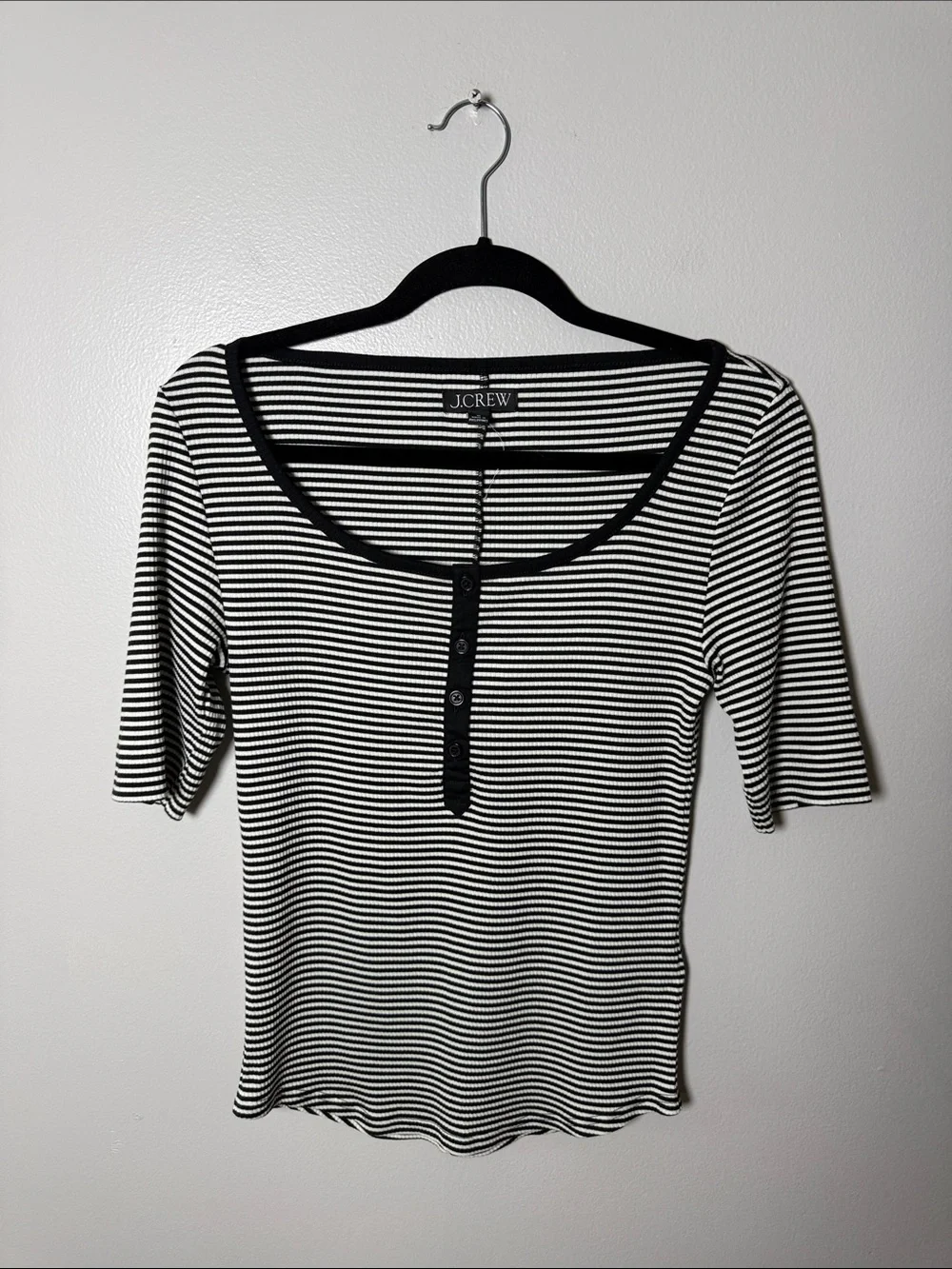 J. Crew Black and White Striped Scoop-Neck Henley Tee Size Medium